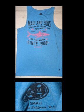 Vintage MAUI & SONS Shark In The Water Since 1980 Tank Top Mens S - beach surfer